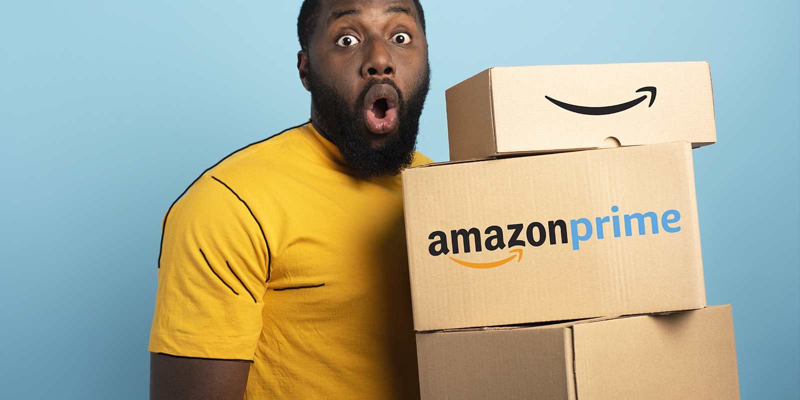 a man holding Amazon prime boxes, ready to boost distribution 