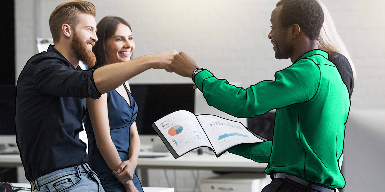 two marketers fist bumping over a marketing report