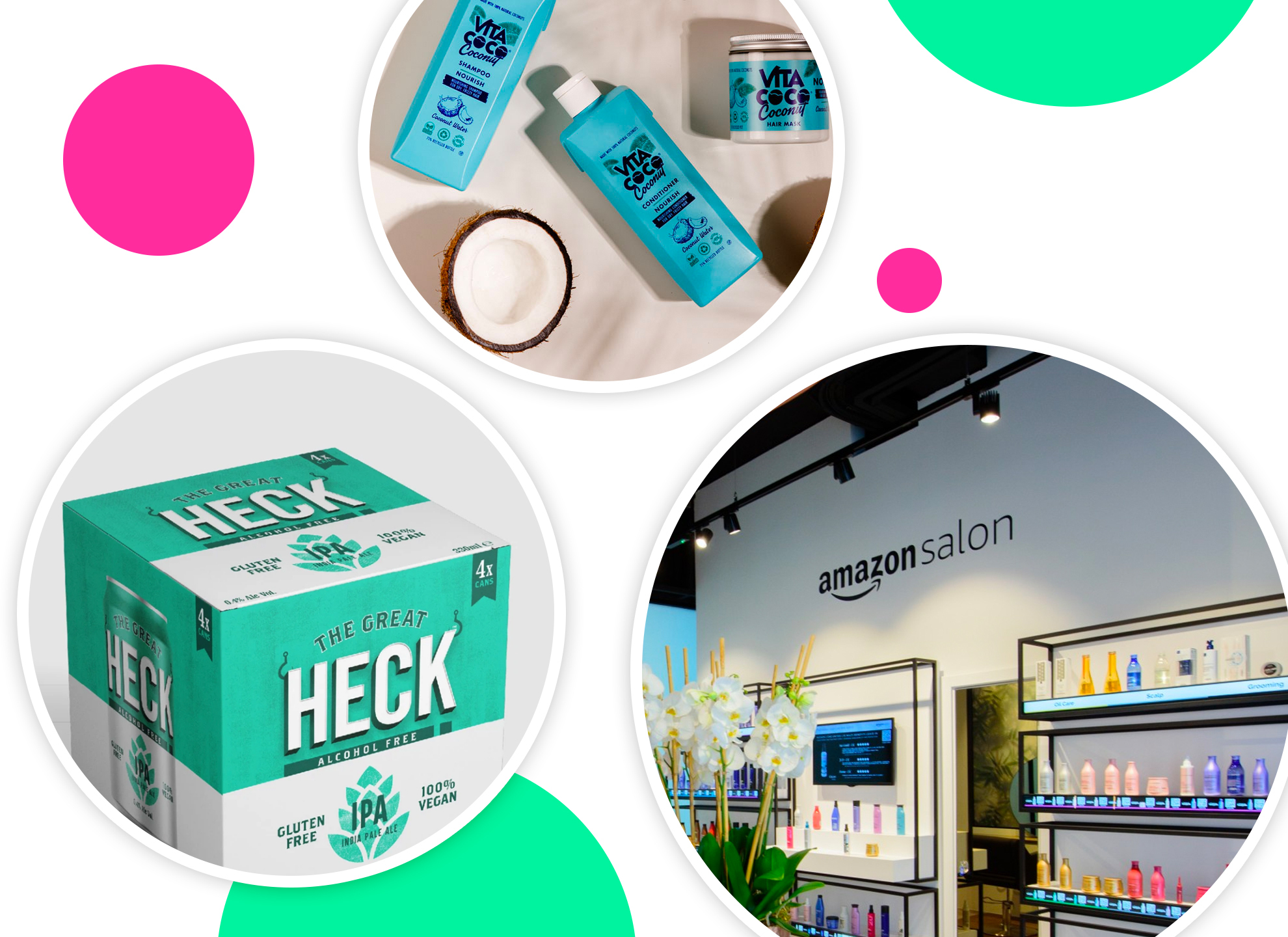 Haircare products from brands Amazon, Vita Coco and Heck 