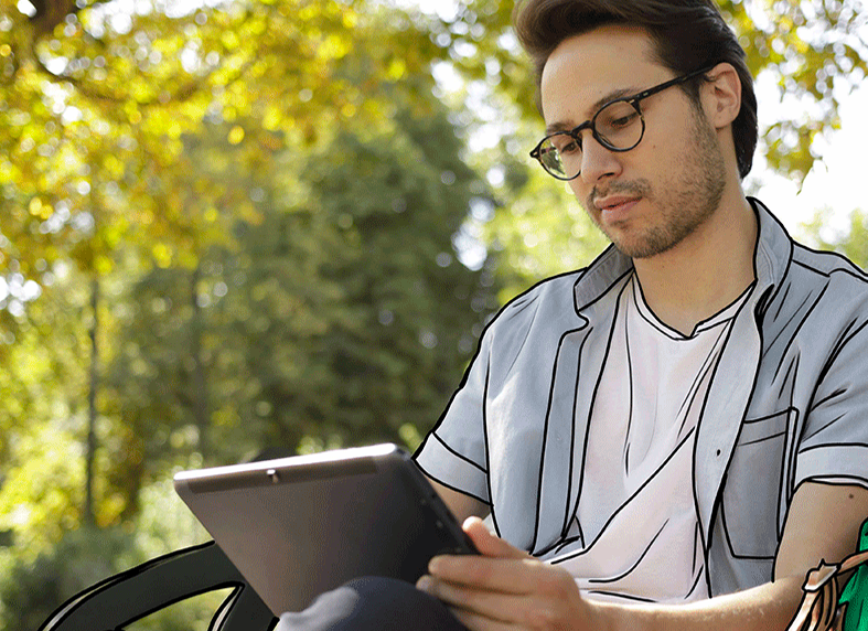 Graphic of person holding tablet proquo ai